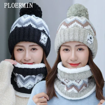 PLOERMIN Femei Pălărie de Iarnă de Schi Brand Mare Pompoms Blană Minge Pălării Tricotate Eșarfă Set Femmes Beanie Capace Cald Chelioși în aer liber Cap