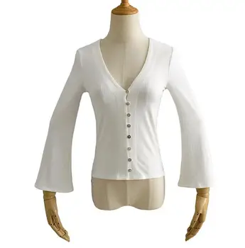 Retro CHIC Tricotat Singur Pieptul Shell butoane tricou Femeie Dungă linie V gâtului Lung Flare Sleeve Tee Topuri