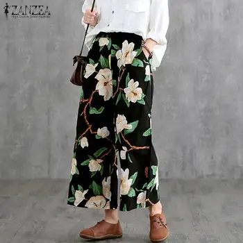 ZANZEA Femei Pantaloni de Vara de Epocă Florale Imprimate Largi Picior Pantaloni Casual, Talie Elastic Vrac Lenjerie de pat din Bumbac Pantalon Streetwear