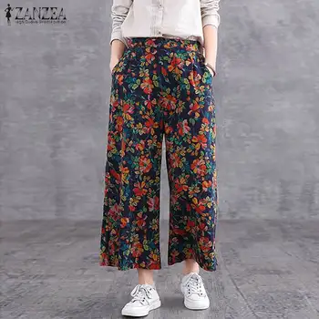 ZANZEA Femei Pantaloni de Vara de Epocă Florale Imprimate Largi Picior Pantaloni Casual, Talie Elastic Vrac Lenjerie de pat din Bumbac Pantalon Streetwear