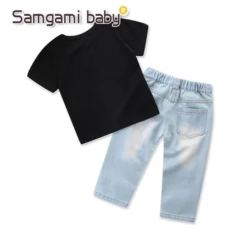 SAMGAMI Fete pentru COPII Haine Set de Vara tricou Negru+blugi de Moda Gaura 2 buc Pantaloni Copii Costum Copil Fata Tinute Casual, 1-5A