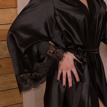 2020 Nou Fierbinte Sexy Lenjerie De Mătase, Cu Dantelă Neagră Kimono Intima, Pijamale Halat Rochie De Noapte Doamnelor Curea Dantelă Lenjerie De Corp Cămașă De Noapte