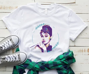 Acuarelă Grafic Audrey Hepburn Tricou Femei Alb O-gât Vara 2019 Feminin Vogue Streetwear Topuri Hipster Tee Camiseta Mujer