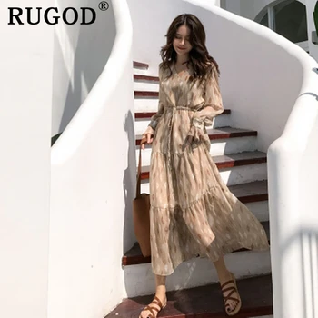 RUGOD 2019 Șifon vară femei rochie eleganta liber talie mare print floral chic boho stil fermecător rochie de plaja vestido mujer