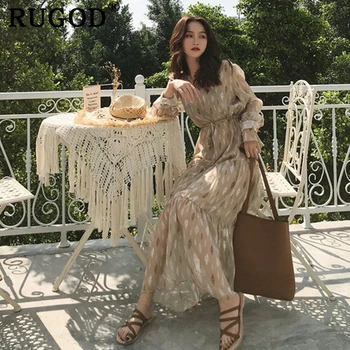 RUGOD 2019 Șifon vară femei rochie eleganta liber talie mare print floral chic boho stil fermecător rochie de plaja vestido mujer