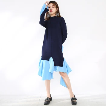 [MEM] Femei Albastru Volane Tiv Lung Tricotat Rochie Nouă Guler cu Maneci Lungi Vrac se Potrivi de Moda Toamna Iarna 2021 JO00305