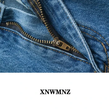 XNWMNZ Za de Moda pentru femei premium marine drepte blugi Vintage patch-uri buzunare hems fără sudură de Înaltă Talie Zip zbura butonul Denim de sex Feminin