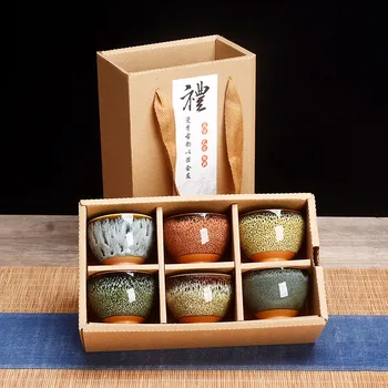 Rafinat 6pcs temmoku glazura Cana,o cutie-Cadou China ceașcă de ceai set,de Călătorie Castron de Ceai Set de Ceai Chinezesc Ceașca de ceai, Seturi Drinkware Cadou