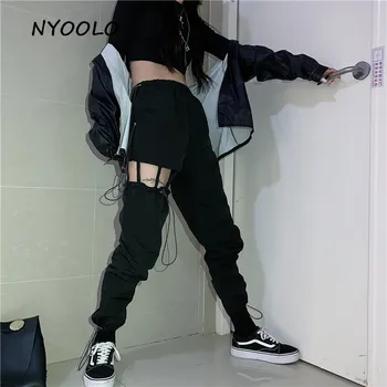 NYOOLO Noutate stil gol afară de gaura pantaloni Casual, talie elastic lungime completă de dans hip-hop pantaloni femei, îmbrăcăminte de stradă