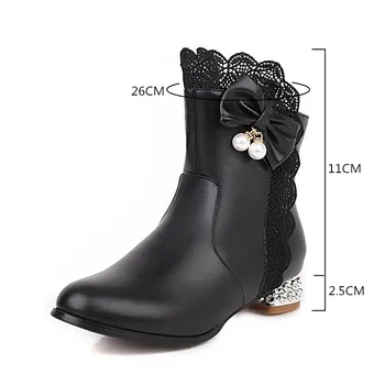 YQBTDL Alb Roz Cristal Negru Toc Scăzut Femeie Cizme Dantela Fluture nod Design Printesa Lolita Pantofi Botine de Iarna Glezna Cizme