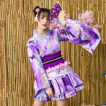 Stil Japonez Kimono Dress Femeie Retro Sakurai Fata Haori Yukata Violet Print Floral Japonia Asia De Haine Tutu Anime Cosplay