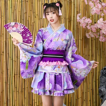 Stil Japonez Kimono Dress Femeie Retro Sakurai Fata Haori Yukata Violet Print Floral Japonia Asia De Haine Tutu Anime Cosplay