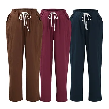 Vintage Casual pentru Femei Pantaloni Culoare Solidă Vrac Pantaloni Drepte Mare Elastic Talie cu Cordon de Bumbac Pantaloni Toate-meci