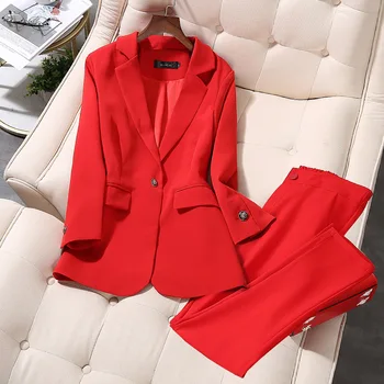 Femei Office Lady Două Bucăți Seturi Solid Roșu Elegant Single-Breasted Guler de Turn-down Sacouri Și Pantaloni lungi 5XL