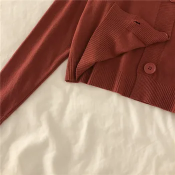 Coreea Drăguț Retro Culoare Solidă Tricotaje Femei 2020 Iarna Toamna Scurt V-gât Trei butoane cu Mâneci Lungi Pulover Cardigan tricot