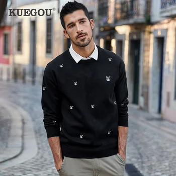 KUEGOU toamna iarna haine pulovere pulovere groase barbati moda broderie Bărbați pulover Tricotat top negru plus dimensiune AYZ-9136