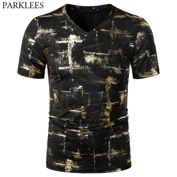 Strălucitoare de Aur Pentru Imprimare T-shirt pentru Bărbați 2020 Brand Nou Short Sleeve V Neck T Camasa Barbati Hip Hop Party Club Scena Îmbrăcăminte Camisetas
