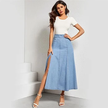 2020 Femei Albastru Rupt Casual Spălate Denim-Linie Fuste Lungi Fusta Jean fuste femei jupe femme faldas mujer moda