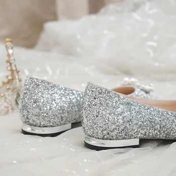 Nunta Pantofi Plat pentru Femei 2020 Nou Toc Scăzut Femeile Gravide Pantofi de Mireasa Purta Paiete domnisoara de Onoare la Nunta Pantofi de Cristal