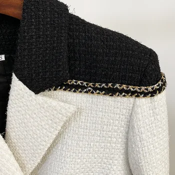 Noi Lână Sacou Pentru Femei Sacou De Tweed Mozaic Alb Negru Haina Cu Maneci Lungi Dublu Rânduri Sacou Office De Toamna Iarna