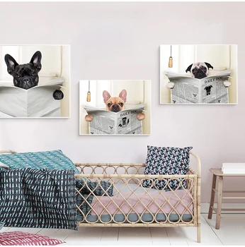 Câine De Lectură Ziar Toaletă Arta De Perete Panza Printuri Câine Amuzant Pictura Pe Perete Poza Home Decor Baie Câini Iubitor De Cadou