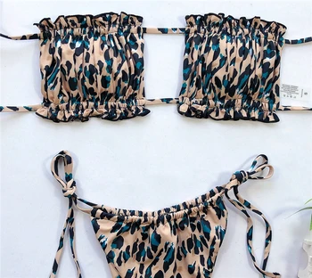 2020 Sexy Bikini Set Leopard De Imprimare Sexy Strapless Ruched Banage Bikini Doamnelor Costume De Baie Pe Plajă Costum De Baie Brazilian Biquini