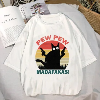Criminale Pisica Neagra Cu Arma Galben Amuzant Tricou Pew Pew Madafakas Print T-shirt Femei Maneci Scurte Halloween Topuri Femme Tricou