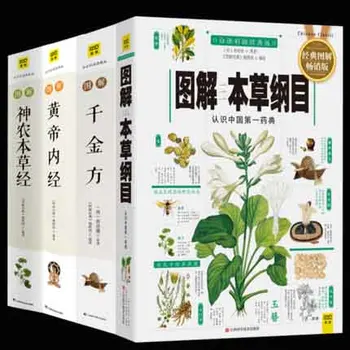 4pc ompendium de Materia Medica + Interior Canon a Împăratul Galben + Sheng Nong lui plante classic + Mii de Aur baza de Prescriptie medicala