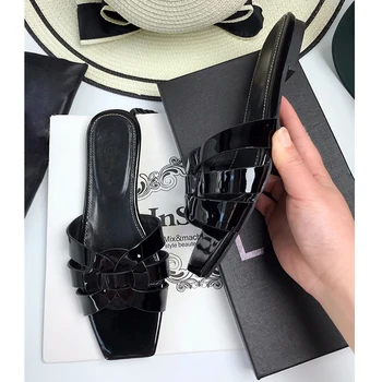 Designer de Brand de Moda pentru Femei Papuci din Piele Bandă Îngustă Peep Toe Sandale Plate de Lux Doamnelor Diapozitive Pantofi de Vara LU57