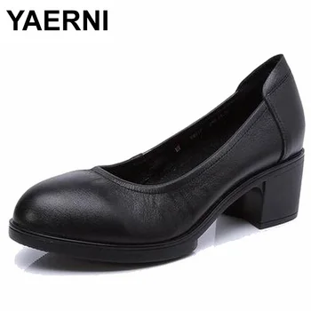YAERNI piele naturala femei tocuri inalte pompe de sex feminin OL CONFORTABIL negru pantofi de lucru 34-41 E448
