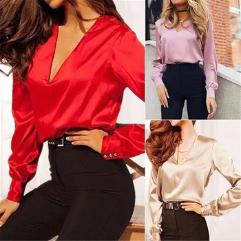 2020 Moda Roz De Satin Roșu De Mătase Bluză Femei Doamnelor Casual Cu Maneci Lungi Vintage V Gât Strada Mătase, Satin, Bluze Camasi