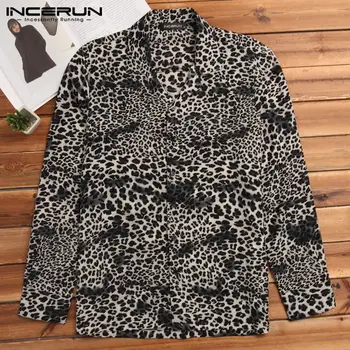 Moda Leopard Imprimate Tricou Barbati Maneca Lunga Streetwear Petrecere Club de noapte Tricouri Topuri Bărbați Camisa Masculina Plus Dimensiune 2021 INCERUN