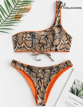 2020 Sexy Femei Snake Print Bikini, Monokini Două Piese Bandaj Pe Un Umăr Vară Costum De Baie Cu Talie Înaltă Beachwear Paded Scăldător
