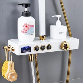 Cada cu termostat robinet de duș set montat pe perete precipitații constantă duș rece și caldă de baie mixer de baie negru, set de duș