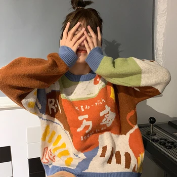 Pulovere pentru femei Japoneze Kawaii Ulzzang Epocă Liber Ins Leneș de Potrivire de Culoare Pulover de sex Feminin coreeană Harajuku Îmbrăcăminte Pentru Femei