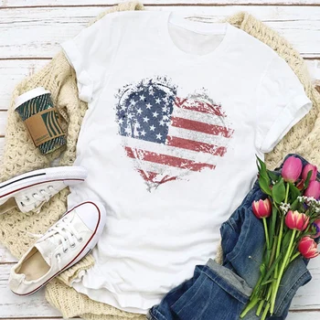 Femeile Grafic statele UNITE ale americii de Pavilion American Patriotic Inima Dragoste de Vara T-Shirt, Blaturi Lady Femei Imbracaminte Tricou Femei T Shirt