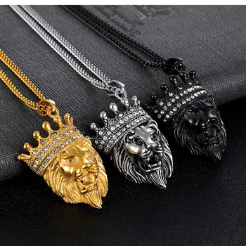 Noua Culoare De Aur De Culoare Lanț De Oțel Inoxidabil Bărbați Cap De Leu Pandantiv Stras Încrustații Colier HipHop Lion King Crown Franco Lanț