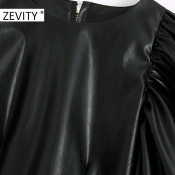 Zevity Noi femeile epocă o gâtului cutat maneca fluture din piele PU scurt doamnelor bluza chic, camasi casual femininas topuri LS7058