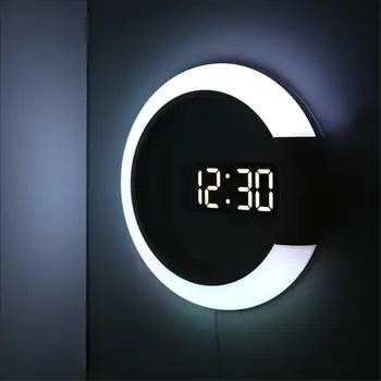 Ceas de perete cu LED-uri Oglindă Multifuncțional Lumina Ceas cu Alarmă Cu Afișaj de Temperatură în Formă de Inel Decor Acasă Ceas
