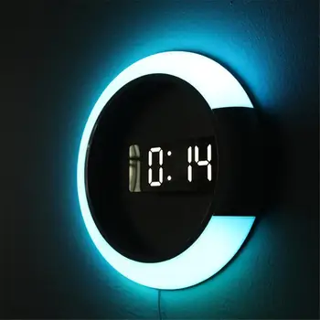 Ceas de perete cu LED-uri Oglindă Multifuncțional Lumina Ceas cu Alarmă Cu Afișaj de Temperatură în Formă de Inel Decor Acasă Ceas