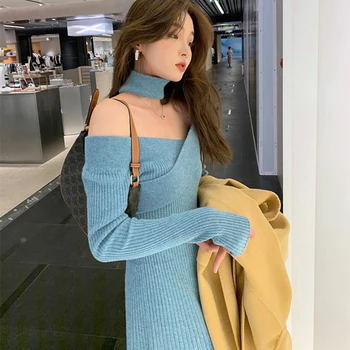 Iarna Tricotate dintr-O bucata Rochie coreeană Maneca Lunga Casual Office Rochie Pulover Feminin 2020 Solid Slim Elegant Rochie din Tricot pentru Femei