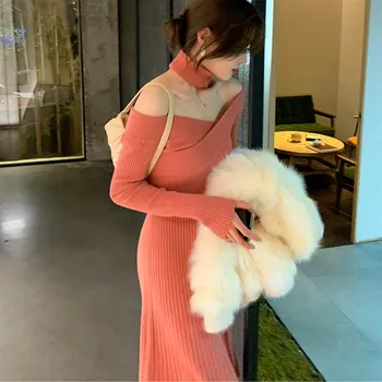 Iarna Tricotate dintr-O bucata Rochie coreeană Maneca Lunga Casual Office Rochie Pulover Feminin 2020 Solid Slim Elegant Rochie din Tricot pentru Femei