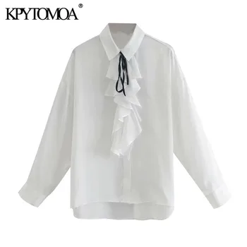 KPYTOMOA Femei 2020 Moda Cu Arc Legat Ciufulit Birou Poarte Bluze Vintage cu Maneci Lungi Buton-up Feminin Tricouri Topuri Chic