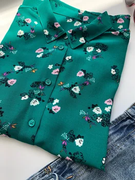 Vascoza Toamna Tricou Femei Pădure Verde imprimeu Floral Maneca Trei Sferturi femei Bluze si topuri Casual cu nasturi