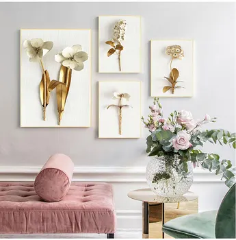 De aur frunze de plante și flori de arta de Perete panza pictura Poze de Perete pentru Camera de zi Nordic Decor Poze morden decor