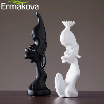 ERMAKOVA 2 Buc/Set Ceramic Glazura Abstract Bărbat Femeie Figurine Alb Negru African Cuplu Iubitor Statuie de Epocă, Decor Acasă