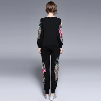 De înaltă Calitate, Designer de Moda Pistei Pantaloni Set de Doua Bucati 2019 Toamna Iarna Femei cu Maneci Lungi Tricou+Broderie Pantaloni Set