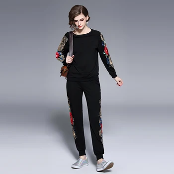 De înaltă Calitate, Designer de Moda Pistei Pantaloni Set de Doua Bucati 2019 Toamna Iarna Femei cu Maneci Lungi Tricou+Broderie Pantaloni Set