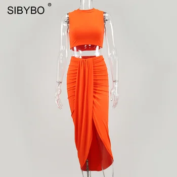 SIBYBO Două Bucata Set pentru Femei Haine de Vară fără Mâneci Culturilor Sus Split Fuste Lungi Seturi Solidă Bumbac Sexy Petrecere Vestidos 2020