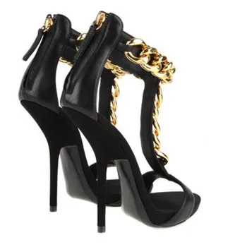 Shofoo pantofi.Noi și elegante pantofi pentru femei, din tesatura de culoare neagra, lant de aur, sandale stiletto, doamnelor sandale, pantofi pentru femei. DIMENSIUNE:34-45